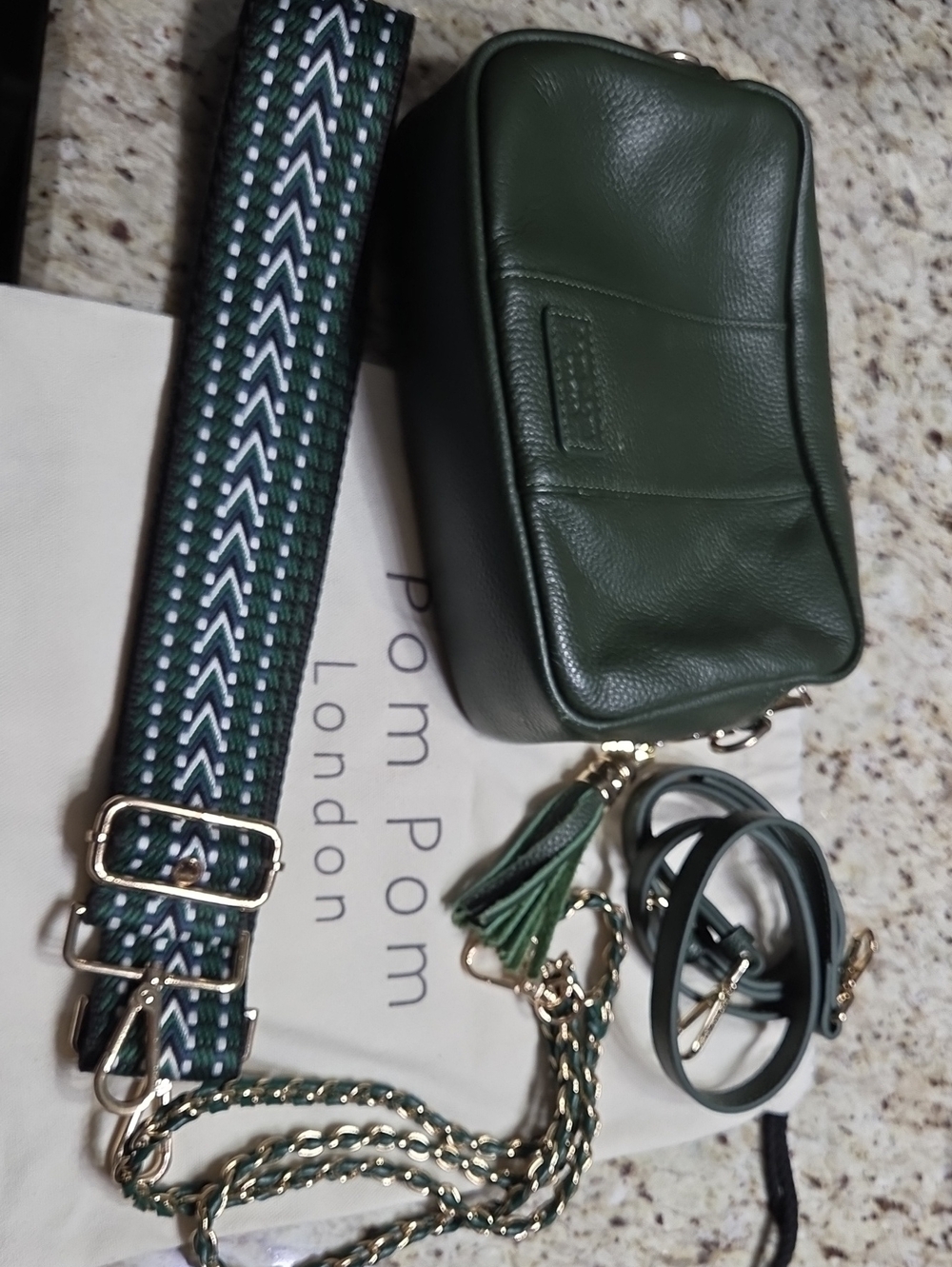 Pom Pom London Green Genuine Leather Crossbody Bag with Decorative Straps